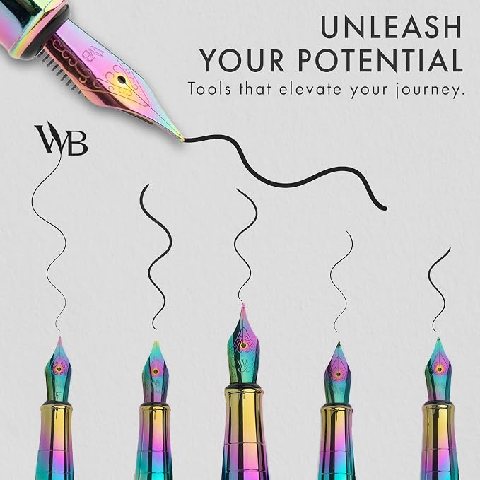 Wordsworth & Black Fountain Pen Gift Set, Includes Ink Bottle, 6 Ink Cartridges, A Refill Converter, 4 Replacement Nibs, Journaling, Calligraphy, Smooth Writing Pens [Rainbow]