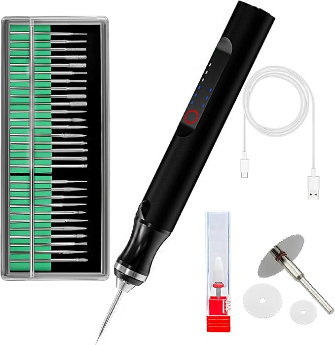 Wireless Engraving Pen Kit for Jewelry, Wood, Metal, Glass & Plastic - Cordless DIY Engraver with 30 Bits & Polishing Function, Portable Tool for Artists, Craftsmen, (Black)