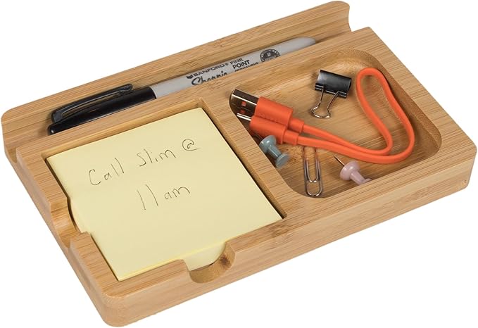 S&A WOODCRAFT Office Desk Organizer with Sticky Note Holder, Pen Slot & Phone Stand - Versatile Moso Bamboo Sticky Note Dispenser, Includes 100 3x3 Inch Pages & 4 Anti-Skid