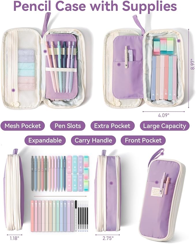Four Candies 39 PCS Aesthetic School Supplies with Cute Pen Case, 12 Pastel Highlighters, 5 Black Ink Gel Pens, 6 Mechanical Pencils Set for Students Stationary College Essentials (Purple)