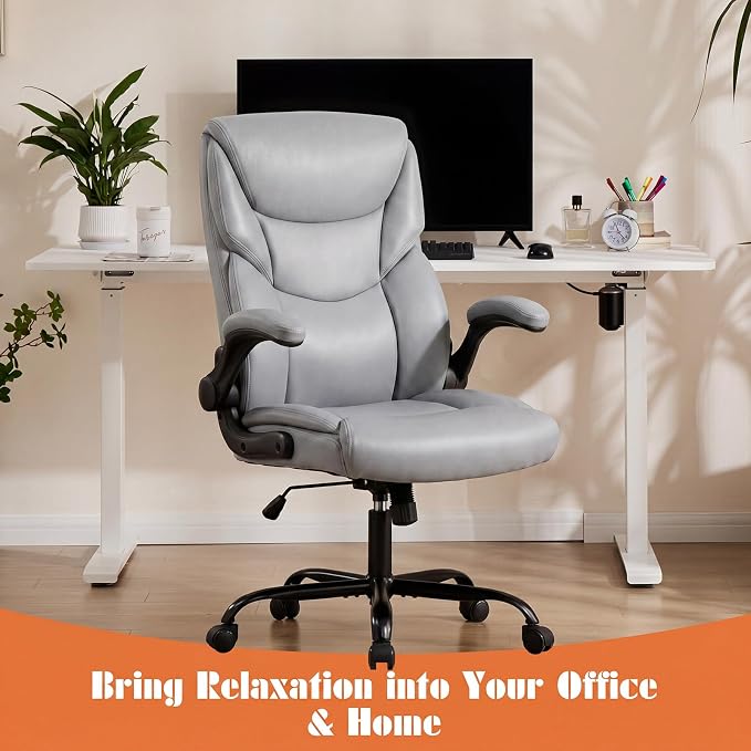 Sweetcrispy Office Computer Gaming Chair Set of 2, Ergonomic High Back Heavy Duty Task Desk Office Chairs with Wheels, Flip-up Arms, Adjustable Height, PU Leather, Grey