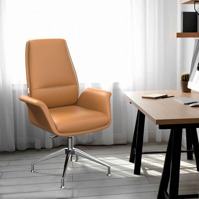 LeisureMod Mid-Century Modern Swivel Office Chair, Adjustable Height with Faux Leather Seat and Aluminum Frame (Acorn Brown, Set of 2)