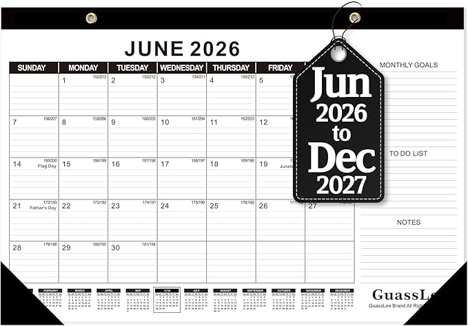 GuassLee Desk Calendar 2026-2027 (Jun. 2026 - Dec. 2027), 19 Months Calendar 17" × 11.5" Desktop Planner with Julian Date, Monthly Goals, Academic To-Do List, for Home, Office, School & Teachers
