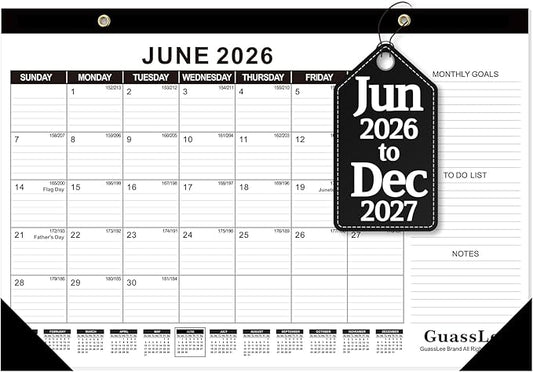 GuassLee Desk Calendar 2026-2027 (Jun. 2026 - Dec. 2027), 19 Months Calendar 17" × 11.5" Desktop Planner with Julian Date, Monthly Goals, Academic To-Do List, for Home, Office, School & Teachers