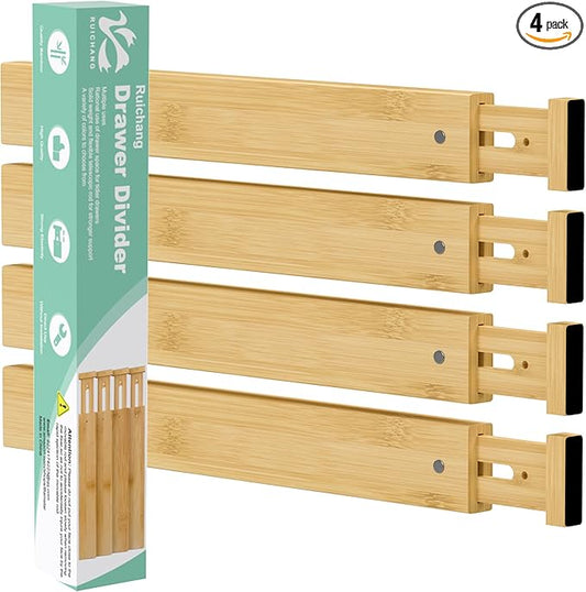 Ruichang Bamboo Kitchen Drawer Divider 4 Pack,17-22" Adjustable Dresser Drawer Organizer for Bathroom,Bedroom,Natural,2.4 inch High
