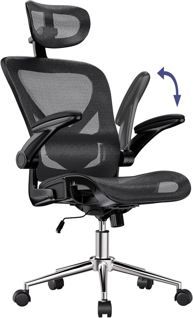 naspaluro Home Office Chair with Flip-up Armrests Adjustable Headrest Lumbar Support, Mesh Desk Chair 90-120°Rocking Chairs for Home Office, Study, Work & Gaming, Black