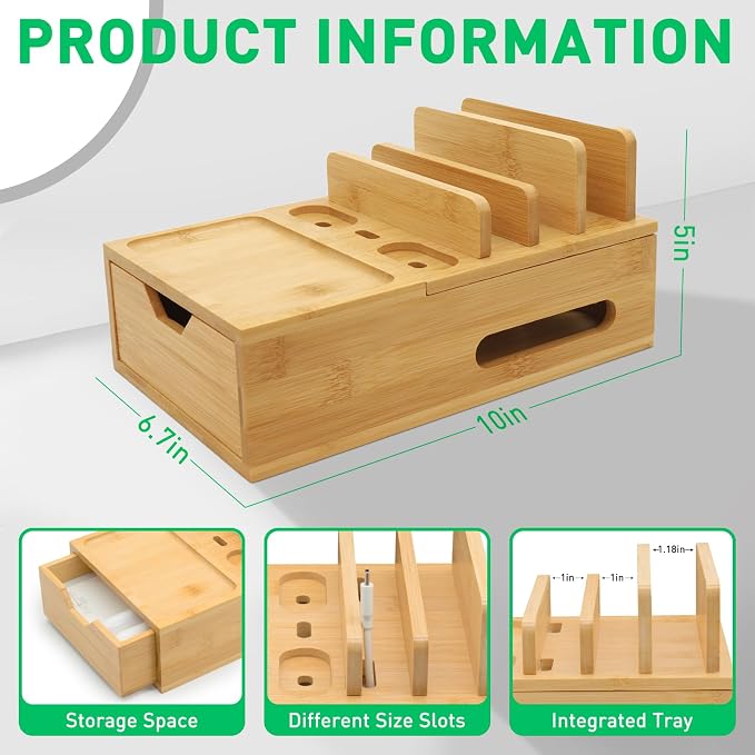 Bamboo Charging Station Organizer with Drawer & Tray, 5-Port USB Charger & 6 Cables, Magnetic Multi-Device Dock for Phones, Tablets, Smartwatches, Kindle, Home & Office