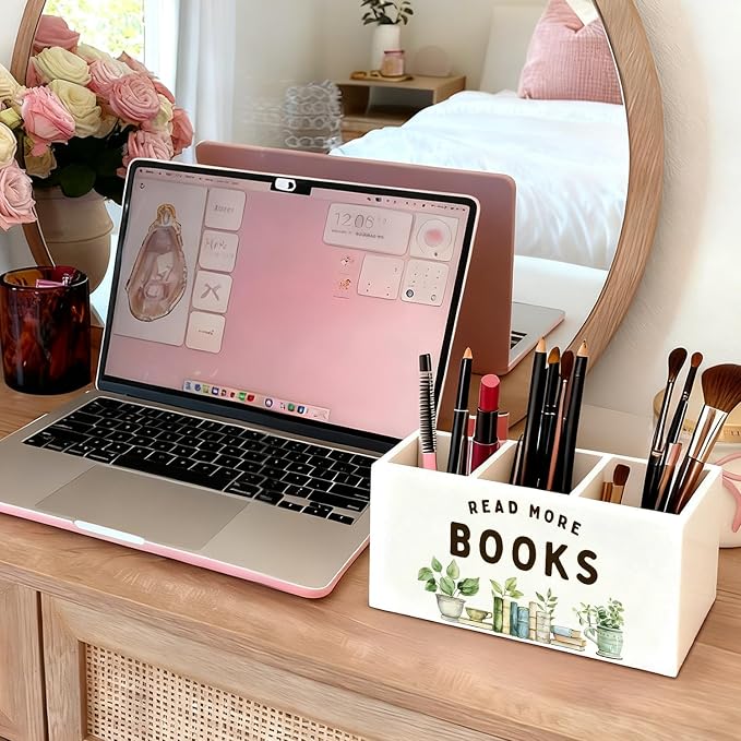 Book Lovers Gifts Pen Holder, Book Reader Gifts Pencil Holder for Desk, Read More Books Wooden Box Sign Decorations for Reading Room Corner Nook Classroom Desk Tabletop