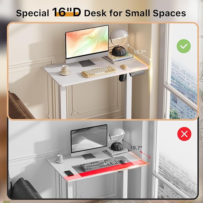 JOY worker Mini Electric Standing Desk, 31.5" x 15.75" Stand Up Workstation | White Small Whole Piece Height Adjustable Desk with Memory Controller, Narrow Computer Table for Home Office Walking Pad