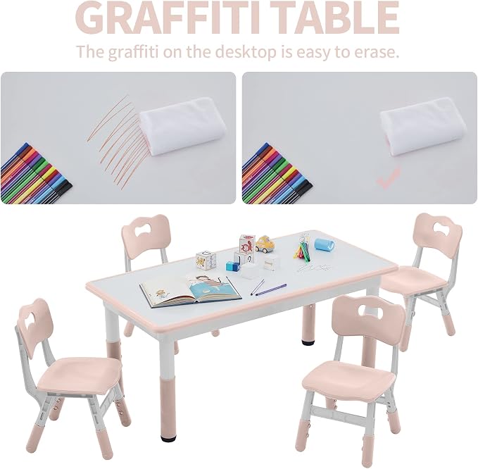 DOREROOM Adjustable Kids Table & 4 Chairs Set, 47.2" L x 23.6" W, Pink | Graffiti Desktop,Table Supports 300 lbs,Toddler Ages 2-8，FSC-certified, Children Activity Table for Daycare, Classroom, Home