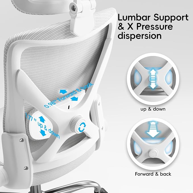 Ergalithic Office Home Ergonomic Desk Chair-Computer X-Shaped Chair Mesh PU Leather with Adjustable Lumbar Support-Executive Chair High Back with Headrest Flip-Up Arms for Long Hours (White)