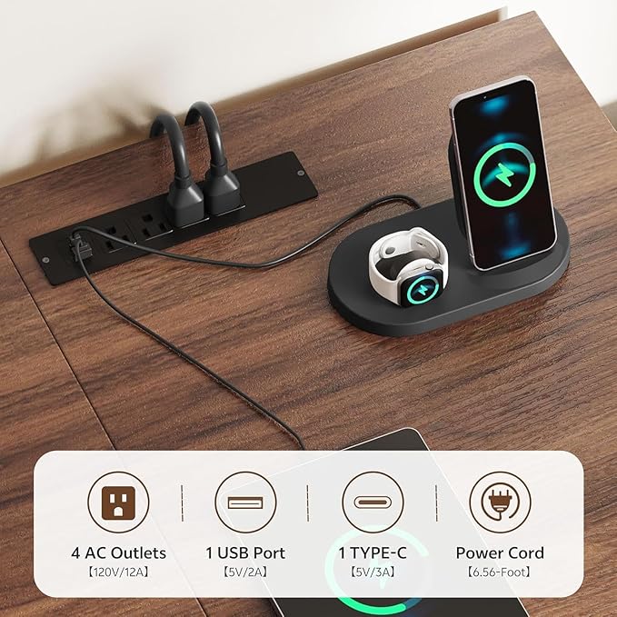 75.5'' Electric Standing Desk with Drawers, Farmhouse Height Adjustable Corner Desk, Sit Stand Office Desk with 4 AC Outlets & Type C Port, Executive Computer Desk, Brown & White