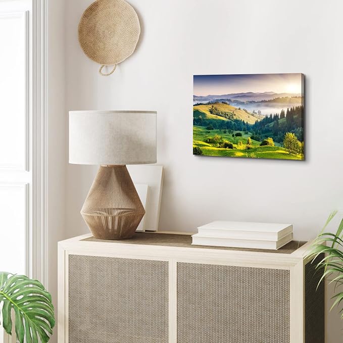 Green Mountain Wall Art Sunrise Nature National Park Landscape Canvas Prints Decor 12x16" Misty Forest Scenery Picture Painting Modern Artwork for Bedroom Living Room Bathroom Office Home Decoration