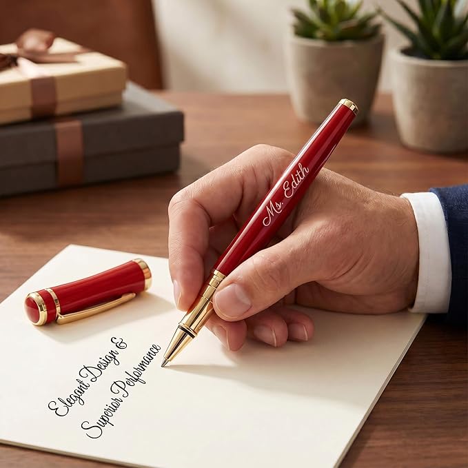 Ancolo Engraved Pens Fancy Roller Pens with 5 Gfit Box 10 extra Black Refills Metal Body Engraved with Your Message Personal Names Phone Number, Gift for Men Women