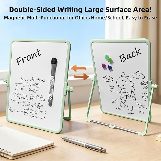 Colorful Dry Erase White Board 8.3x11in, Magnetic Desktop Board with Stand, 2 Markers (Eraser Head), 4 Magnets - Double-Sided Easel for Daily Planning, Memo, Office/Home/School (Green)