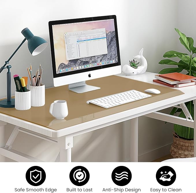 VASUHOME 32" x 20" Brown Tempered Glass Desk Mat with Beveled Edge - Ergonomic Desk Protector, Dry Erase Surface, Ideal Table Top Protector for Home & Office