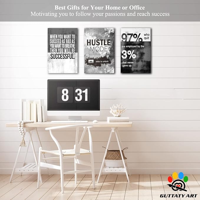 Office Wall Art-3 Panel Motivational Wall Art, Inspirational Quotes Canvas Art for Home Office, Entrepreneur Words Poster Frame 12'x18'x3Pcs