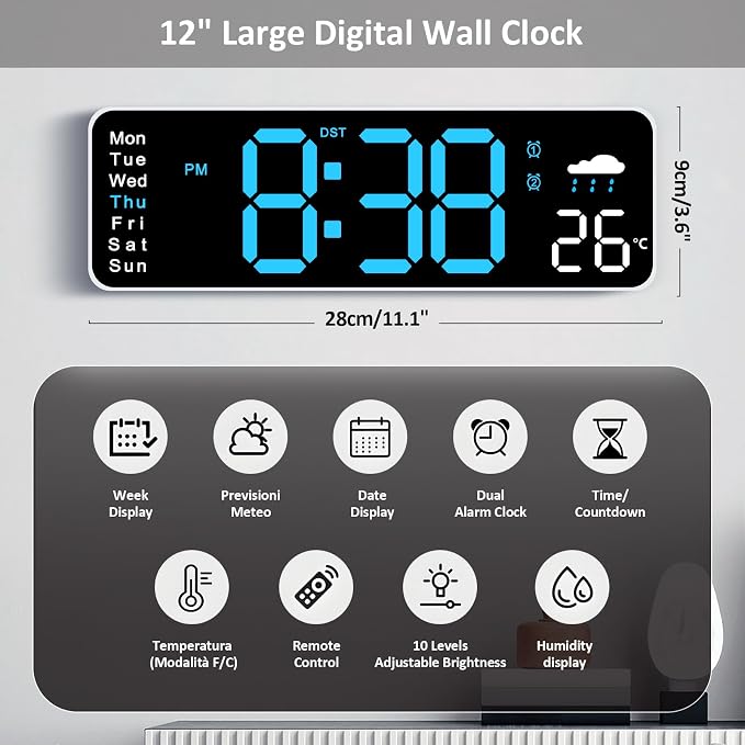 Digital Wall Clock, Digital Clock Large Display, Corded Alarm Clocks with Weatherforecast, Day of the Week, Temp, Humidity, Auto DST, Countdown, for Living Room Bedroom Classroom Office, Blue