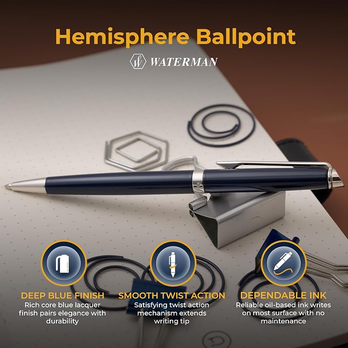 Waterman Hemisphere Engraved Twist-Action Ballpoint Pen, Blue Lacquer with Chrome Trim, Personalized Gift for Executives, Retirement, Career Advancement, Graduation, Gift Box Included