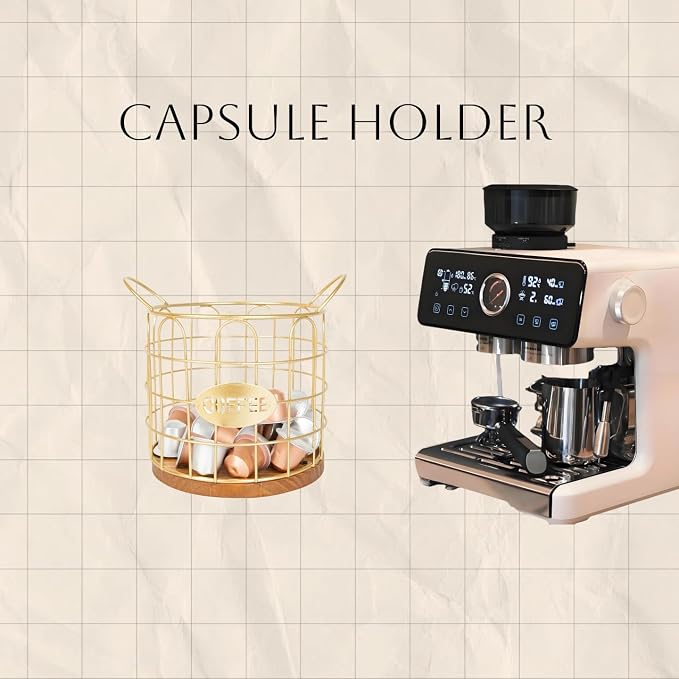 Coffee Pod Holder, Large Capacity K Cup Holder Organizer,Big Metal Kcup Capsule Storage Basket with Wooden Base, Coffee Bar Decor Station Accessories for Kitchen Counter Office Desktop (Gold)