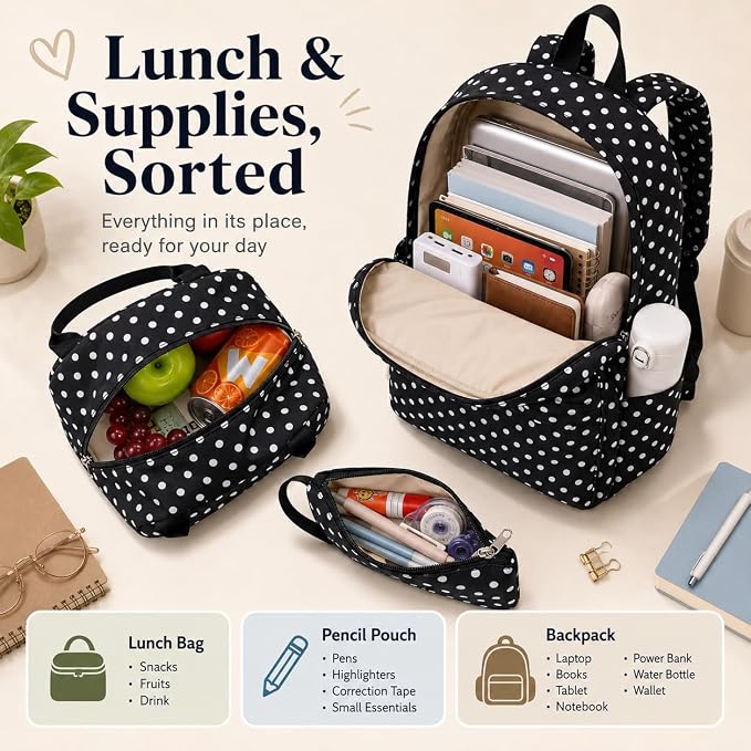 Bluboon Teen Girls School Backpack Kids Bookbag Set with Lunch Box Pencil Case Travel Laptop Backpack Casual Daypacks (Black Polka Dots)