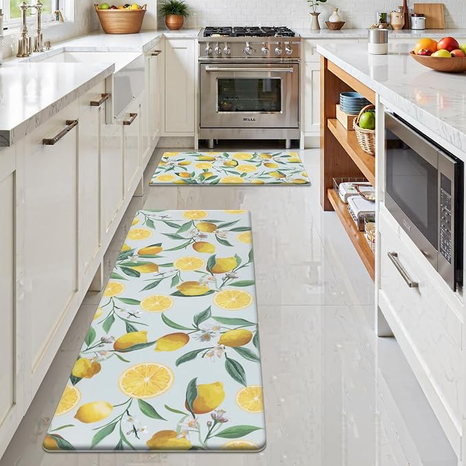 SHACOS Anti Fatigue Lemon Kitchen Rugs Mats Set of 2 Pieces Non Slip Soft Cushioned Standing Mat and Runner Wipeable Waterproof Floor Mat, 17"x27.5"+17"x47", Light Blue