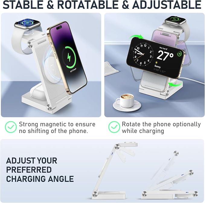 Magnetic Wireless Charger Stand, 3 in 1 Foldable Wireless Charging Station with 20W Adapter, Travel Charger for Multiple Devices for iPhone 16 15 14 13 12 Pro/Max/Plus/Mini, iWatch, AirPods
