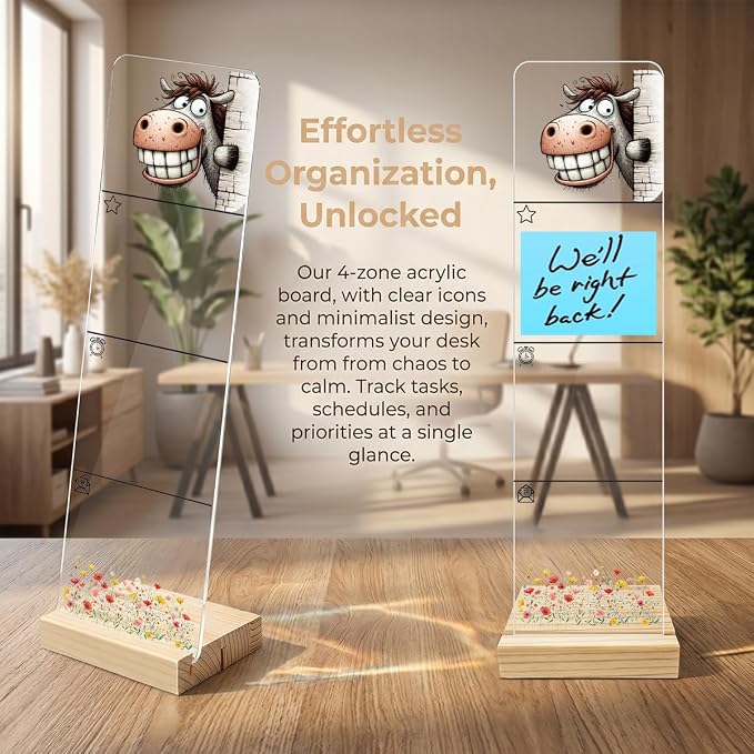 Sticky Note Holder, Monitor Memo Board, Acrylic Post It Note Holder with Wooden Base, Includes 200 Notes, Desk Organizer for Office, Cute Donkey Design