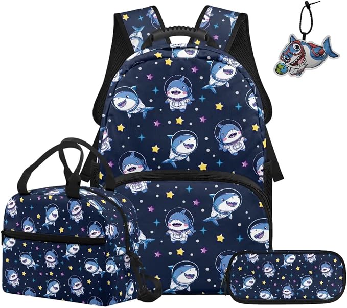 ZFRXIGN Cute Shark Backpack for Boys 4-6 6-8 Bookbag with Cute Pendant 17inch Elementary School Bag and Insulated Lunch Box Pencil Case Back to School Stuff
