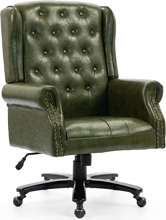 Vintage High Back Wingback Executive Office Chair, Green | Home Desk Chairs with Tufted Nailhead Trim & PU Faux Leather, Heavy Duty Adjustable Rocking Computer Chair for Gaming