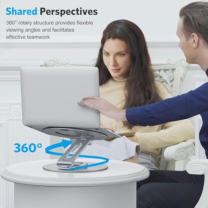 OMOTON Adjustable Laptop Stand with 360 Rotating Base, Ergonomic Laptop Riser for Collaborative Work, Dual Rotary Shaft Fully Foldable for Easy Storage, Fits All Laptops up to 16 inches, CoolGrey