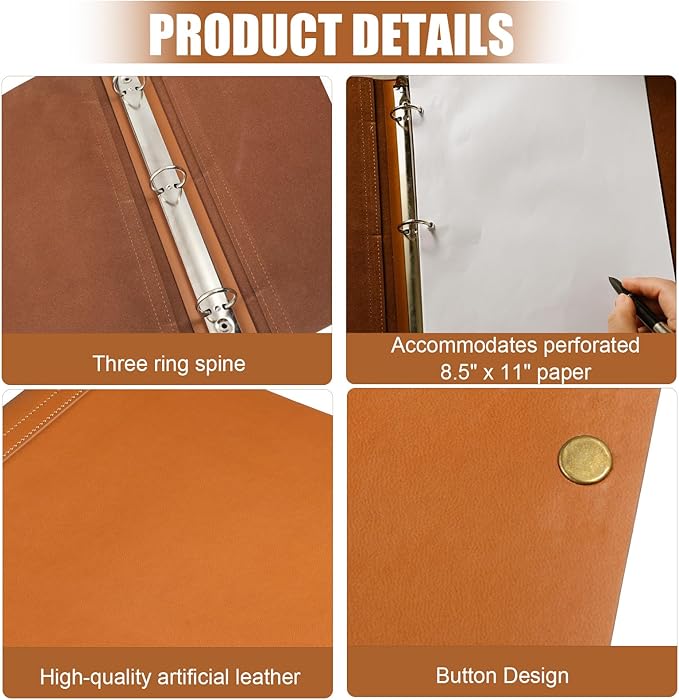 Teling 2 Pcs Leather 3 Ring Binder Holds 8.5 x 11 Inch Paper Binder Organizer Vintage Faux Leather Portfolio Folder Planner for Office Home Document Photo Diary Supplies (Antique Brown)