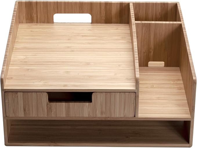 MobileVision Bamboo Telephone Stand With Drawer Paper Tray & Pencil Holder Storage Solution for office products pens scissors staplers notepads business cards & more
