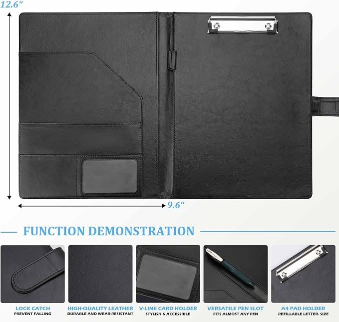 Tiankool Padfolio Portfolio Folder Binder -Faux Leather Portfolio Folder with Cover for A4 Notepad Holder, Business Portfolio for Resume, Legal Pad, Interview, Letter-size Padfolio for Women/Men,Black