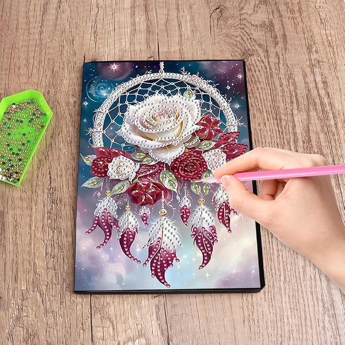 FRANDEK A5 50-Page DIY Diamond Art Painting Notebook with Beautiful Patterns, Special Shaped Diamond Art Craft for Beginners Adults Gift(Rose Dream Catcher)