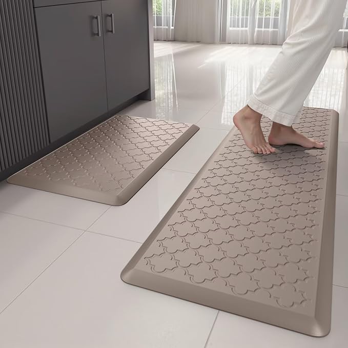 Kitchen Mats for Floor 2 Piece - Anti Fatigue Mats for Kitchen Floor - Non Slip Cushioned Rugs for Standing, Office, Sink, Laundry, Khaki
