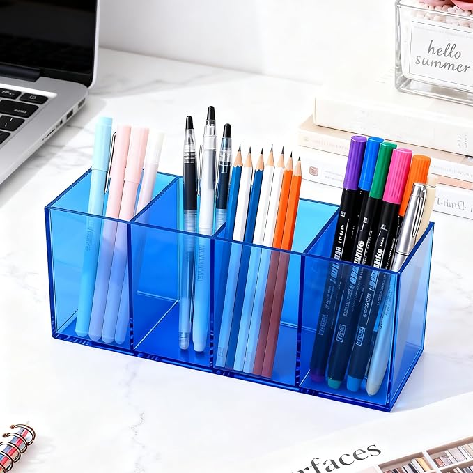 Pen Holder for Desk Neon Acrylic Pencil Holder Cup Makeup Brush Storage Organizer for Vanity, Blue