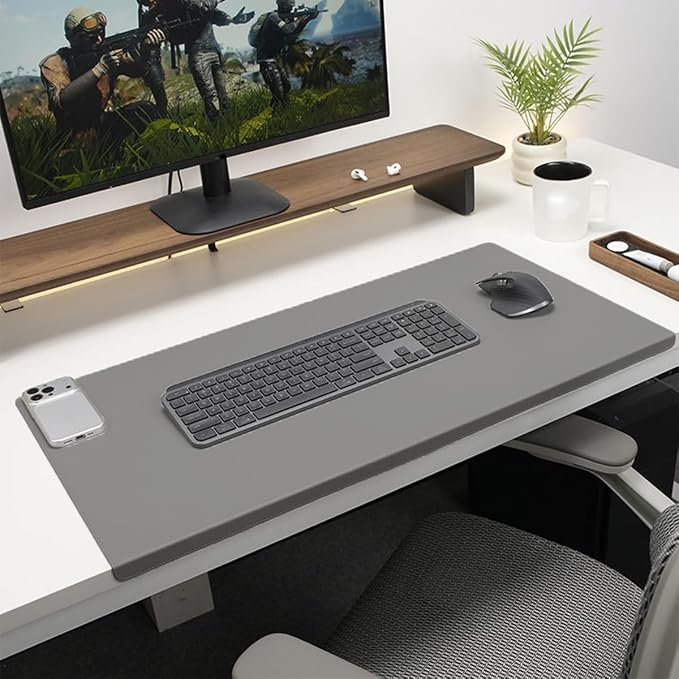 Edge-Locked Leather Desk Pad, Desk Blotter with Full Grip Fixation Lip, Waterproof Large Office Table Mat, Non-Slip Laptop Mouse Pads for Work Typing Writing (Grey,39.4"x23.6")