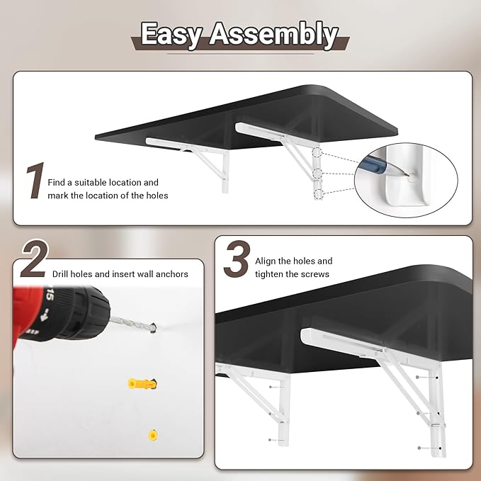 Neoaider Upgrade Wall Mounted Folding Table 31.5”L x 15.7”W, Laundry Folding Table with Heavy Duty Metal Collapsible Shelf Brackets, Wall Mounted Desk Fold Down for Small Spaces, Black