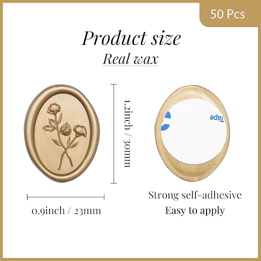 UNIQOOO Wax Seal Stickers - 3D Flower Oval Shape Wedding Invitation Envelope Seal Stickers, 50 Pcs Self- Adhesive Prosecco Metallic Light Gold Sticker, Perfect for Invitation, Christmas, Gift