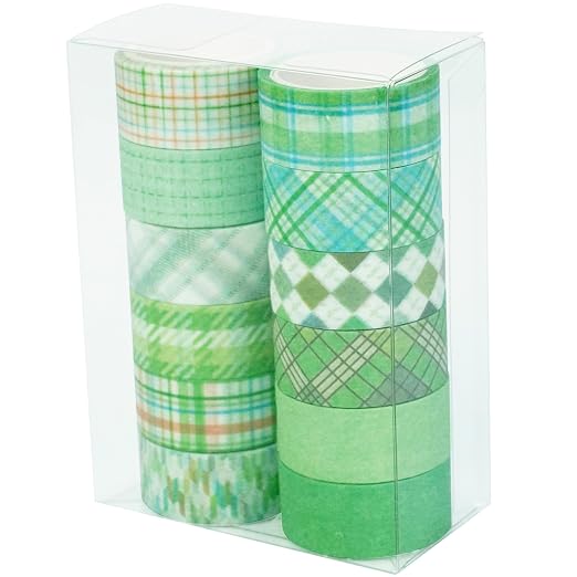 Basic Grid Washi Tape Set 12 Rolls Plaid Decorative Masking Tapes for Arts, DIY Crafts, Journals, Planners, Scrapbook, Wrapping (Green)