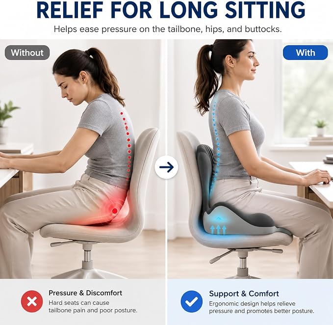Non-Slip Ergonomic Seat Cushion for Office Chair, High-Density Memory Foam Desk Chair Cushions with Lumbar Support & Tailbone Pain Relief, Breathable Two-Tone Butt Pillow for Car, Gaming Chair