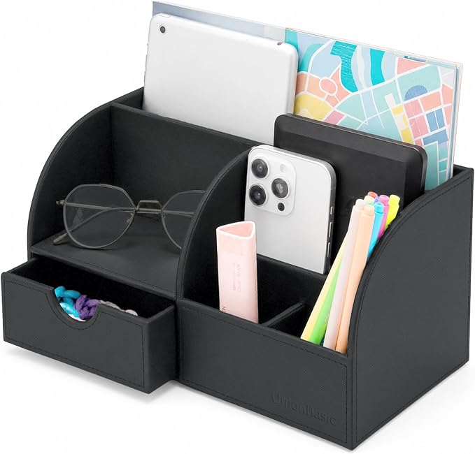 UnionBasic Desk Organizer - Multifunctional Leather Desktop Pen Holder Storage Box - Business Card/Pen/Pencil/Mobile Phone/Stationery Holder, Taiga Dark Gray