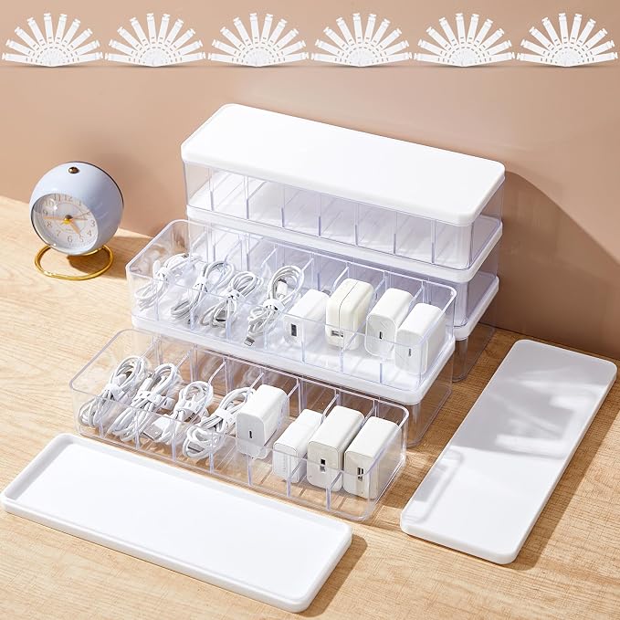 Tatuo 6 Pcs Cord Organizer for Drawer Desktop, Cable Organizer Box with 8 Compartments and Wire Ties, Plastic Charger Storage with Lid, Electronics Case for Home Office Accessories (Small,Clear,White)