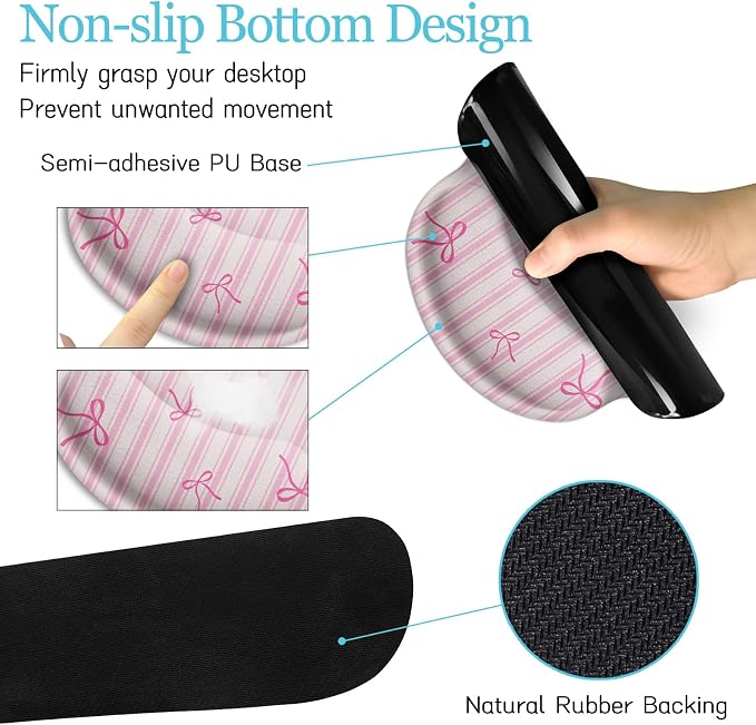 LIMKRIAN Pink Striped Mouse Pad with Wrist Rest Desk Mat Set for Keyboard | Non-Slip PU Base, Stitched Edges, Gel Wrist Rest Eases Pain, Smooth Surface, 35.4x15.7in, Office/Gaming/Home Pink Desk Decor