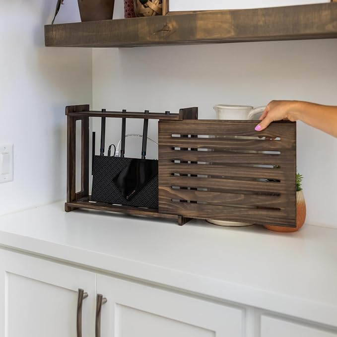 WiFi Router Storage Cabinet Router Box Hider WiFi Box Hider Shelf Cover | Standard • Pine Wood • Espresso Brown Finish • Seamless Side Panel • Fits Routers Up To 11" • Wall Mount Or Desktop Placement