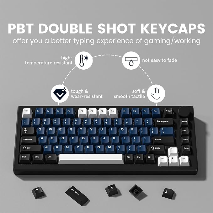 dagaladoo Keyboard keycaps Set, Double Shot PBT keycaps,Cherry Profile Custom Key caps 60 65 75 100 Percent for Cherry-mx Full Size Retro Mechanical Keyboard,Black/Blue/White,138-keys