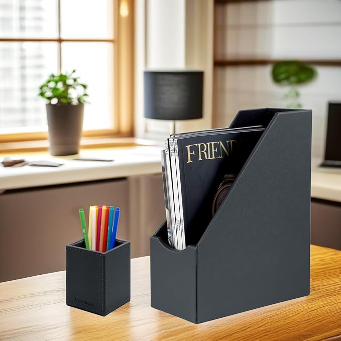 UnionBasic Magazine File Holder, Leatherette Desktop Document Organizer, Home Office Paper Holder File Storage Literature Sorter, Grey