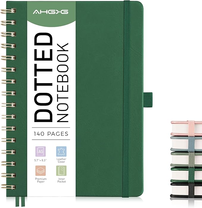 AHGXG Dotted Journal Spiral Notebook, Hardcover Leather Dotted Notebook 140 Pages, A5 Dot Grid Paper Notebook, 100 gsm Thick Paper, for Dotted Journaling, 5.7" x 8.3", Green