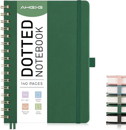 AHGXG Dotted Journal Spiral Notebook, Hardcover Leather Dotted Notebook 140 Pages, A5 Dot Grid Paper Notebook, 100 gsm Thick Paper, for Dotted Journaling, 5.7" x 8.3", Green